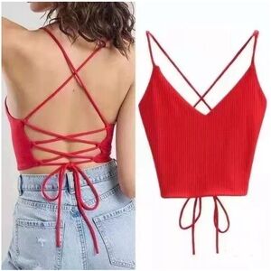 Garage Lace-Up Strappy Back Ribbed Cami Tank Red